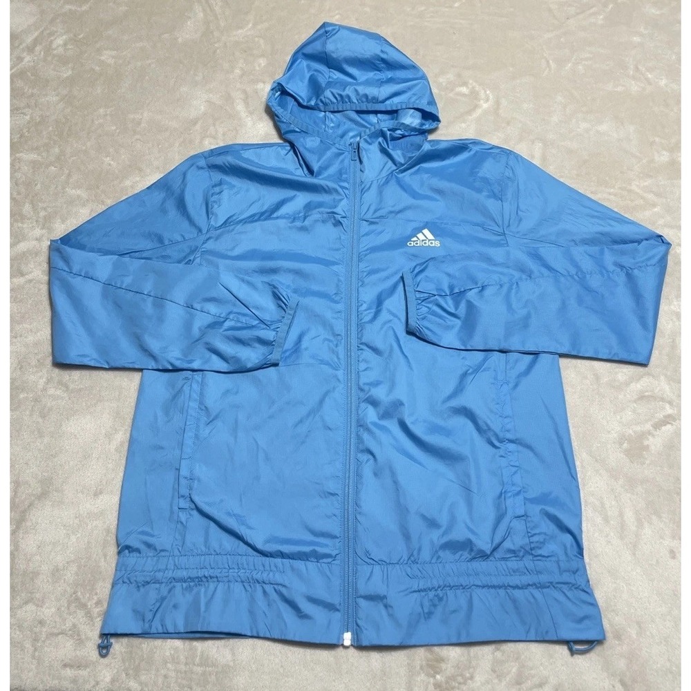 Adidas Jacket Womens Small Blue Wind.rdy Hooded Full Zip Large Logo Windbreaker